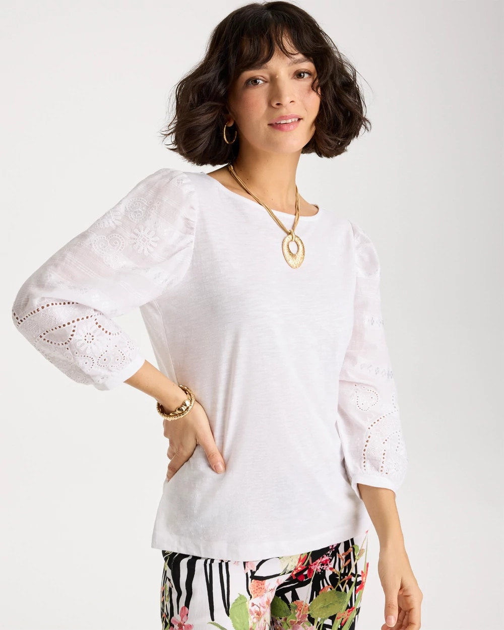 Chico's Cotton Eyelet Sleeve Tee