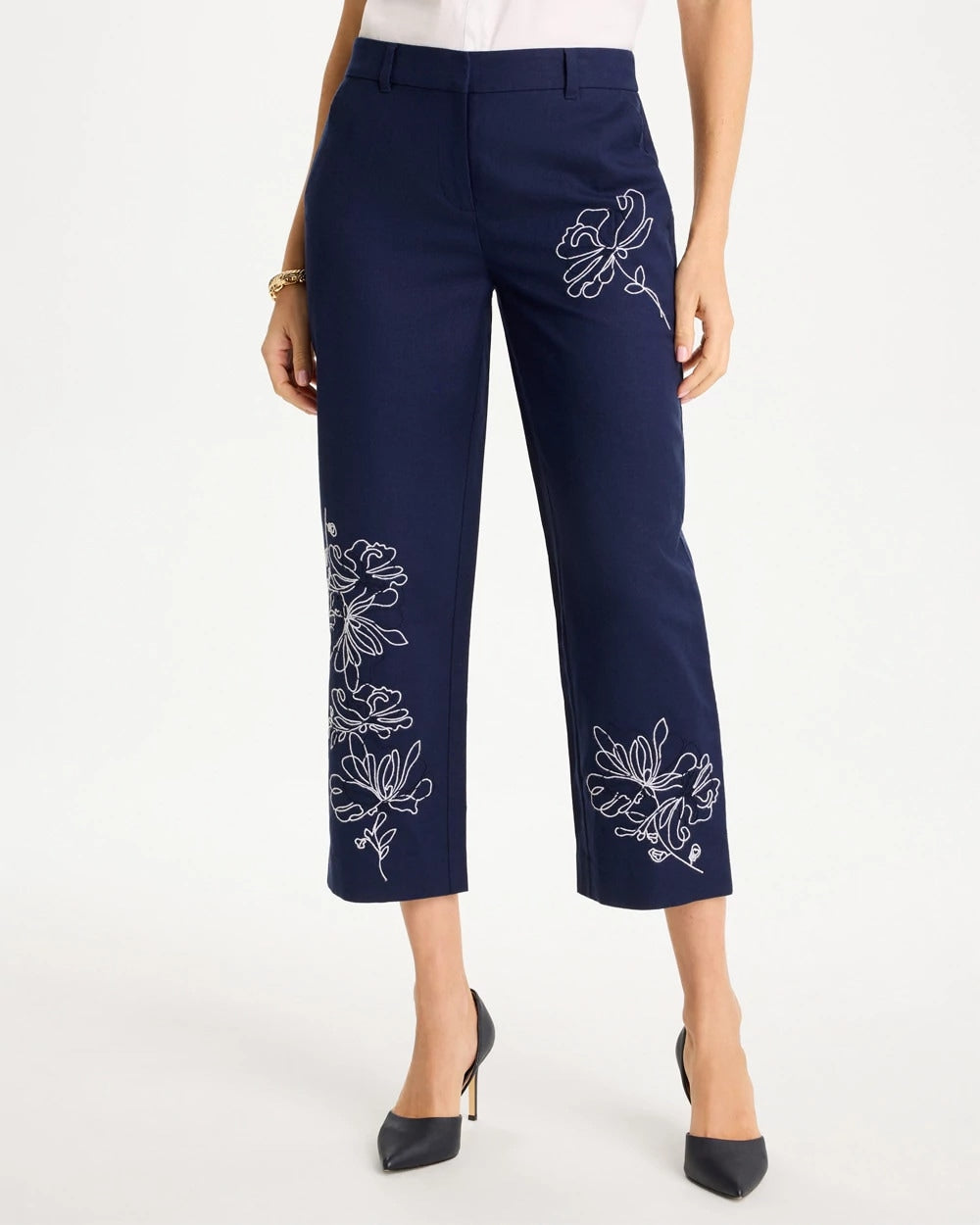 Chico's Embroidered Linen Fly Front Pants