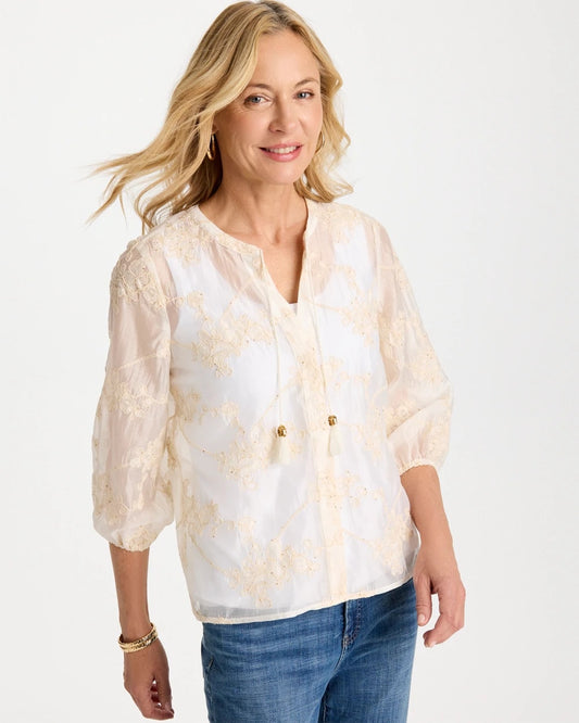 Chico's Embroidered Tassel Tie-Front Top