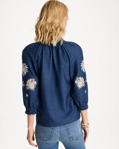 Chico's Embroidered Denim Henley Tee