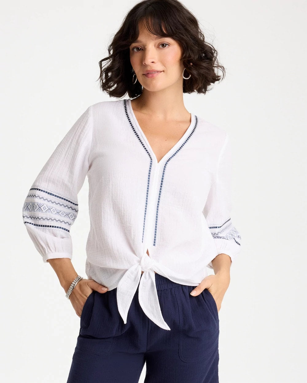 Chico's Cotton Gauze Embroidered Tie-Front Blouse