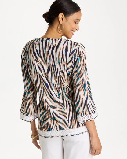 Chico's Tiger Linen Crochet Lace Tee
