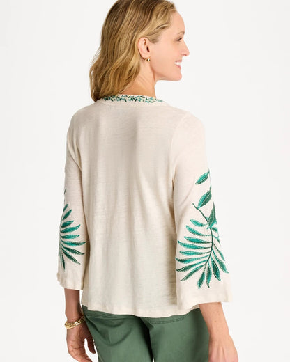 Chico's Linen Palm Embroidered Pleated Tee