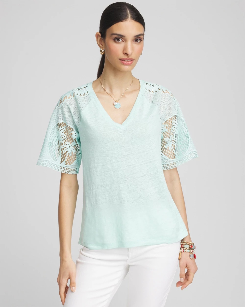Chico's Linen Crochet Lace Short Sleeve Tee