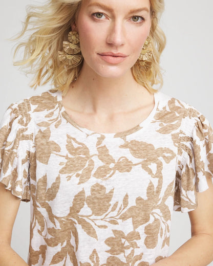 Chico's Linen Leaf Print Flutter Sleeve Tee